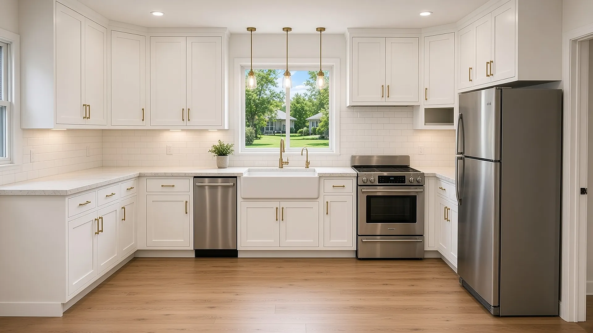 After: a bright kitchen with white shaker cabinets, quartz counters, a farmhouse sink and stainless appliances