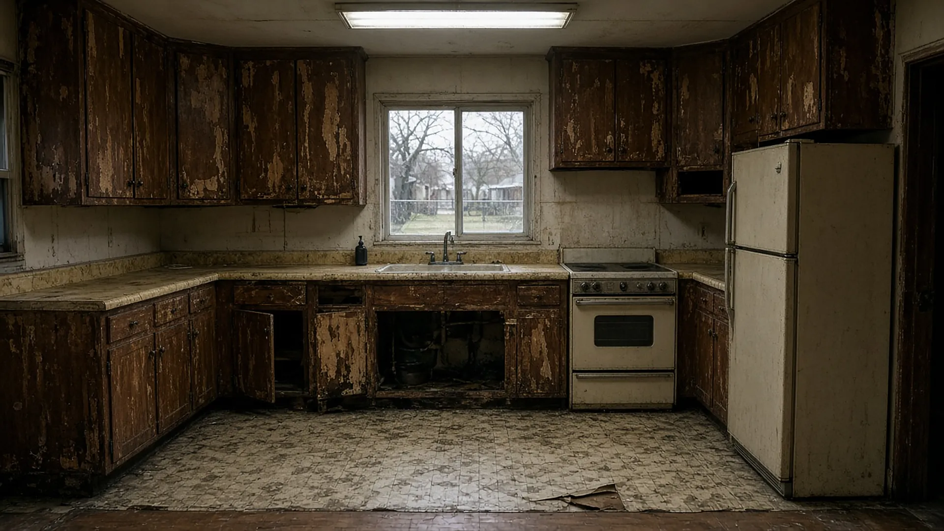 Before: a worn 1980s kitchen with peeling dark cabinets, an old range and a cracked vinyl floor