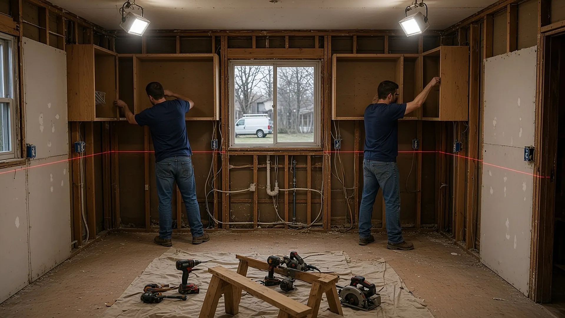 During: two Keystone carpenters hang new cabinet boxes on open studs along a red laser-level line